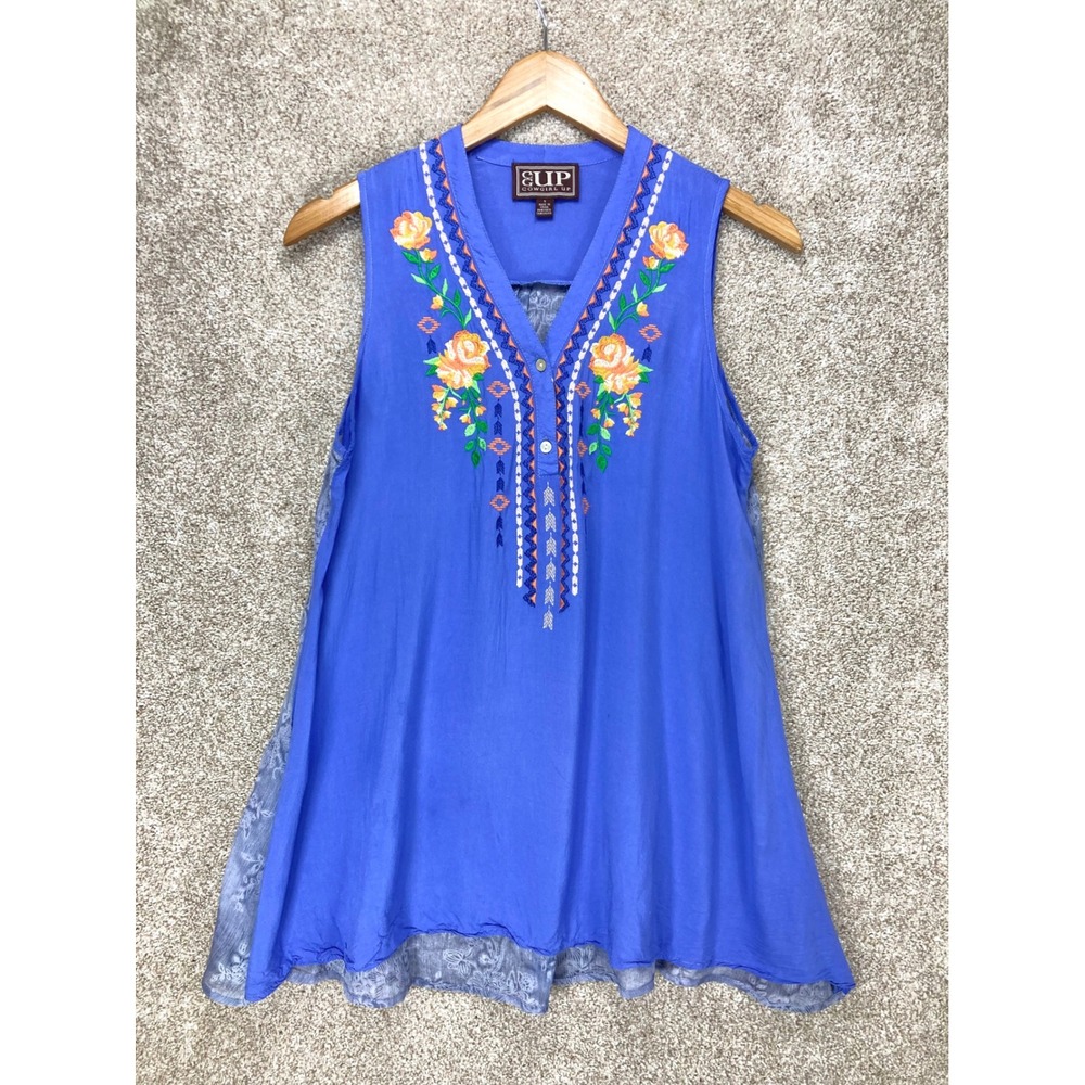 Cowgirl Up Embroidered Floral Tunic Top Womens S Blue Sleeveless Sheer Lace Back